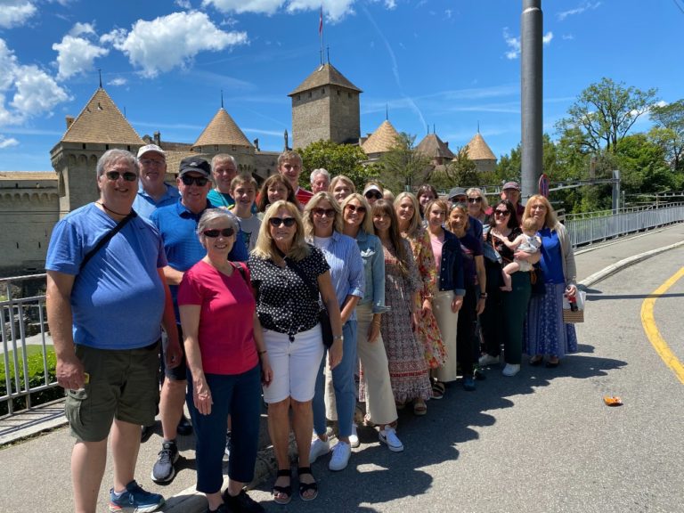 Mo Joe Passion Play group June 2022 in front of Chillon Castle